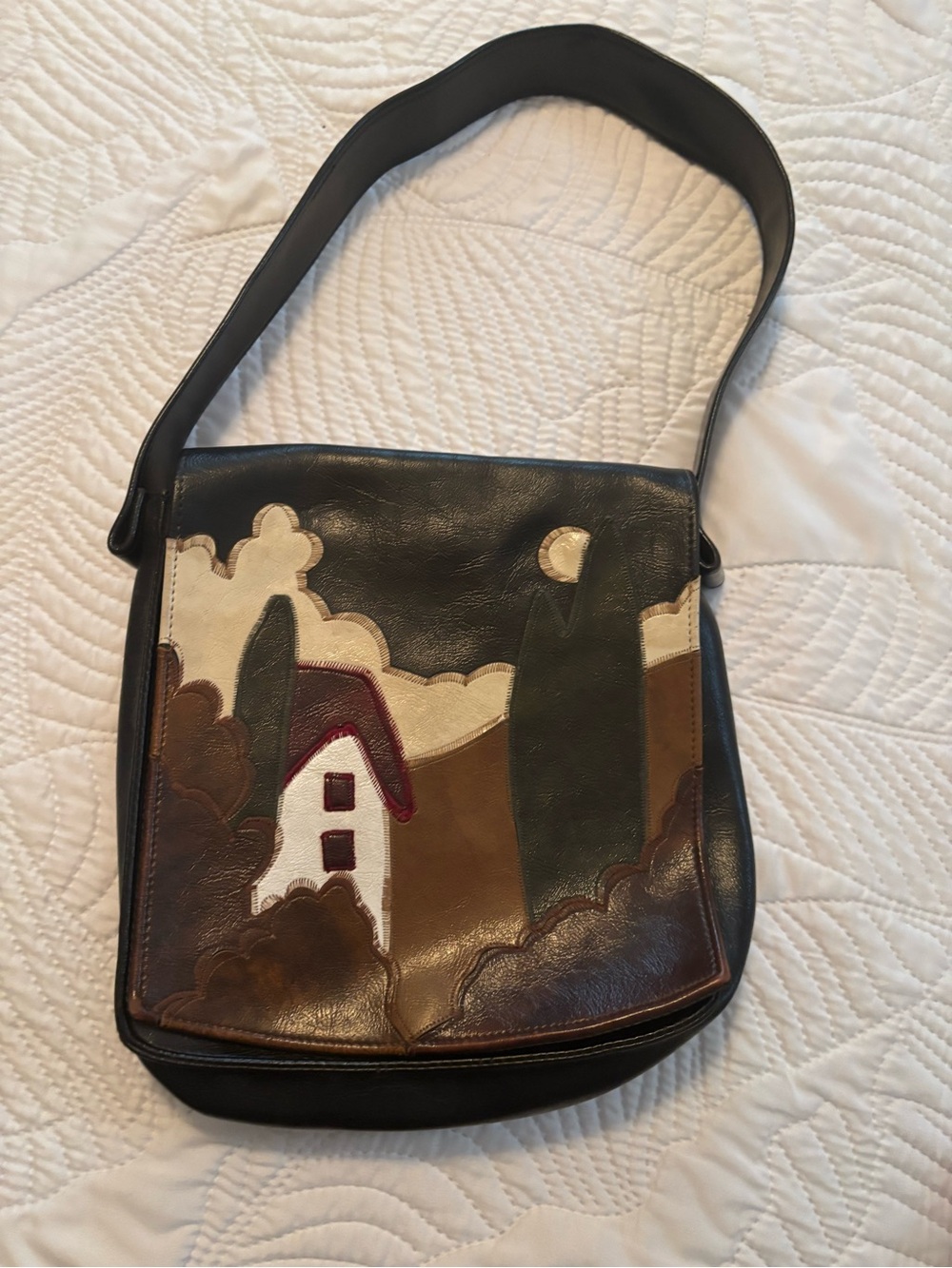 R K Swallow Black Leather Shoulder Bag with Scenic Appliqué